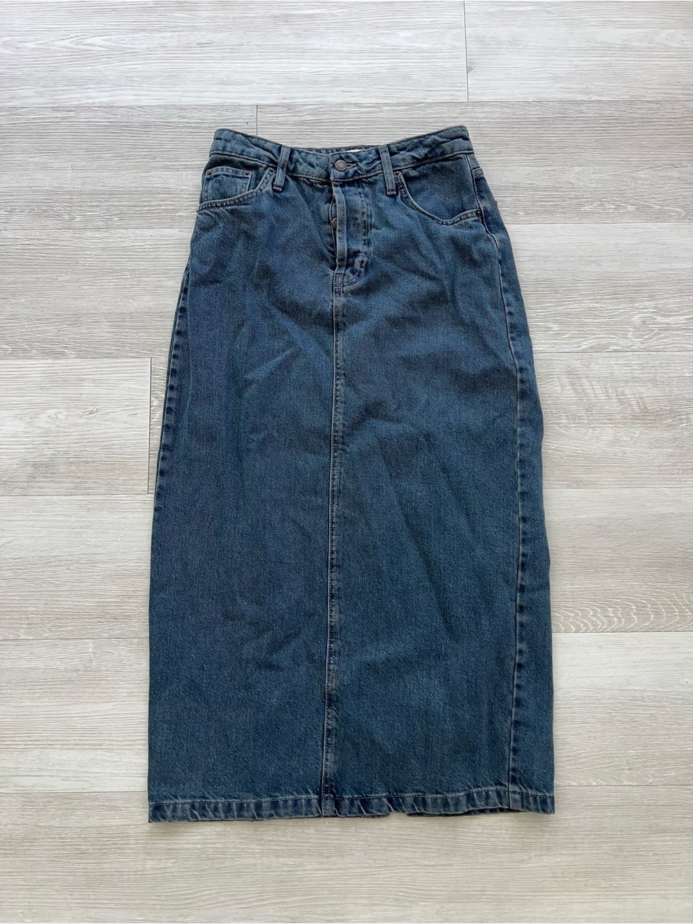 Topshop Dark Wash Denim Midi Skirt Size 6 - Picture 1 of 4